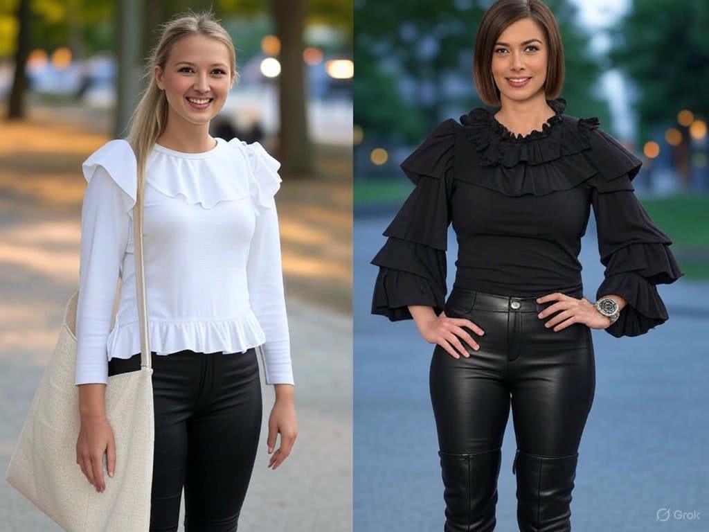 Top z falbanami: Delikatny i dziewczęcy top, który podkreśli Twój styl w bieli lub czerni, do spodni i spódnic