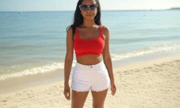 Czerwony Crop-Top i Białe Szorty: Wakacyjna Stylizacja na Plażę dla Kobiety o Ciemnej Karnacji