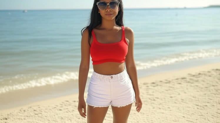 Czerwony Crop-Top i Białe Szorty: Wakacyjna Stylizacja na Plażę dla Kobiety o Ciemnej Karnacji