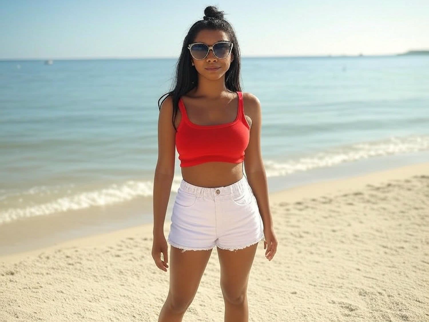 Czerwony Crop-Top i Białe Szorty: Wakacyjna Stylizacja na Plażę dla Kobiety o Ciemnej Karnacji