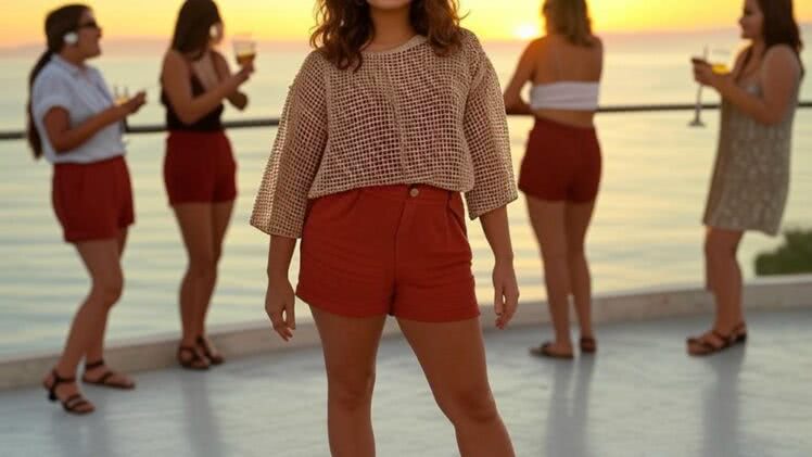 Szorty w ciemnej czerwieni i oversizowa bluzka z siateczką – idealny zestaw na letnią imprezę na tarasie