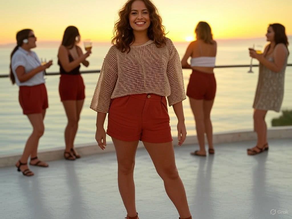 Szorty w ciemnej czerwieni i oversizowa bluzka z siateczką – idealny zestaw na letnią imprezę na tarasie