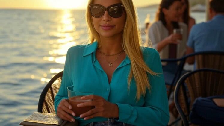 Seksowna bluzka z rozcięciami na bokach w odcieniu turkusu – idealna na wieczór w nadmorskim barze