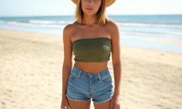 Rudowłosa bogini plaży: Zielony top i denimowe szorty w roli głównej