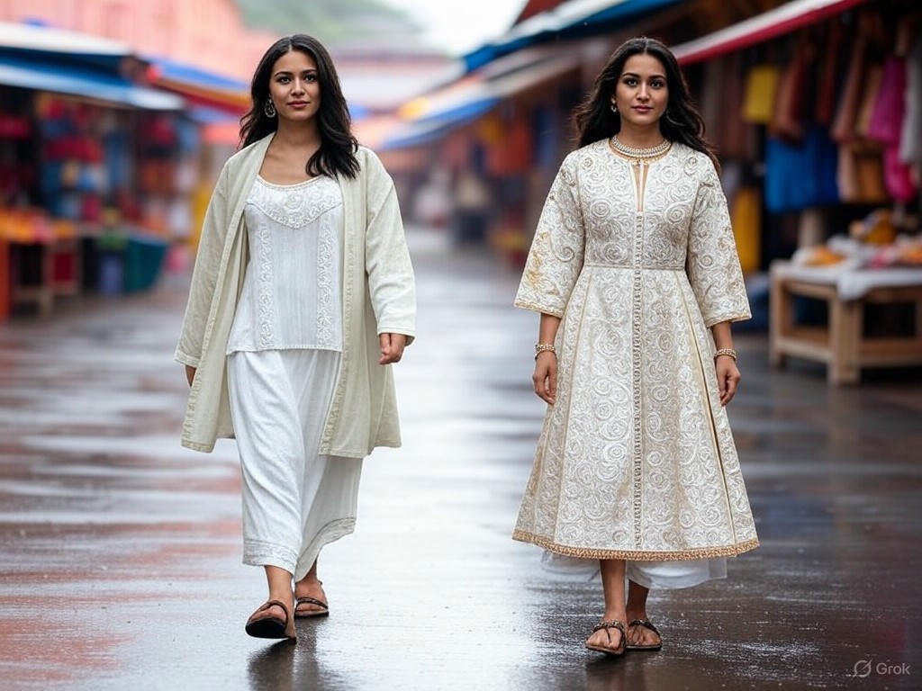 Indie w monsunie – Zwiedzanie Dżajpuru i przyjęcie w pałacu: Za dnia – bawełniana kurtka, sari-inspired top i wygodne klapki na wilgoć. Wieczorem – haftowana sukienka i biżuteria na szykowne przyjęcie