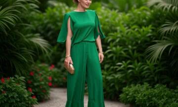 Seksowna bluzka z wycięciami na ramionach w odcieniu szmaragdu na imprezę w tropikalnym ogrodzie