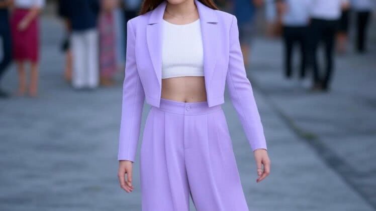 Kobieta w Pastelowym Fiolecie: Letnia Elegancja Pełna Uroku