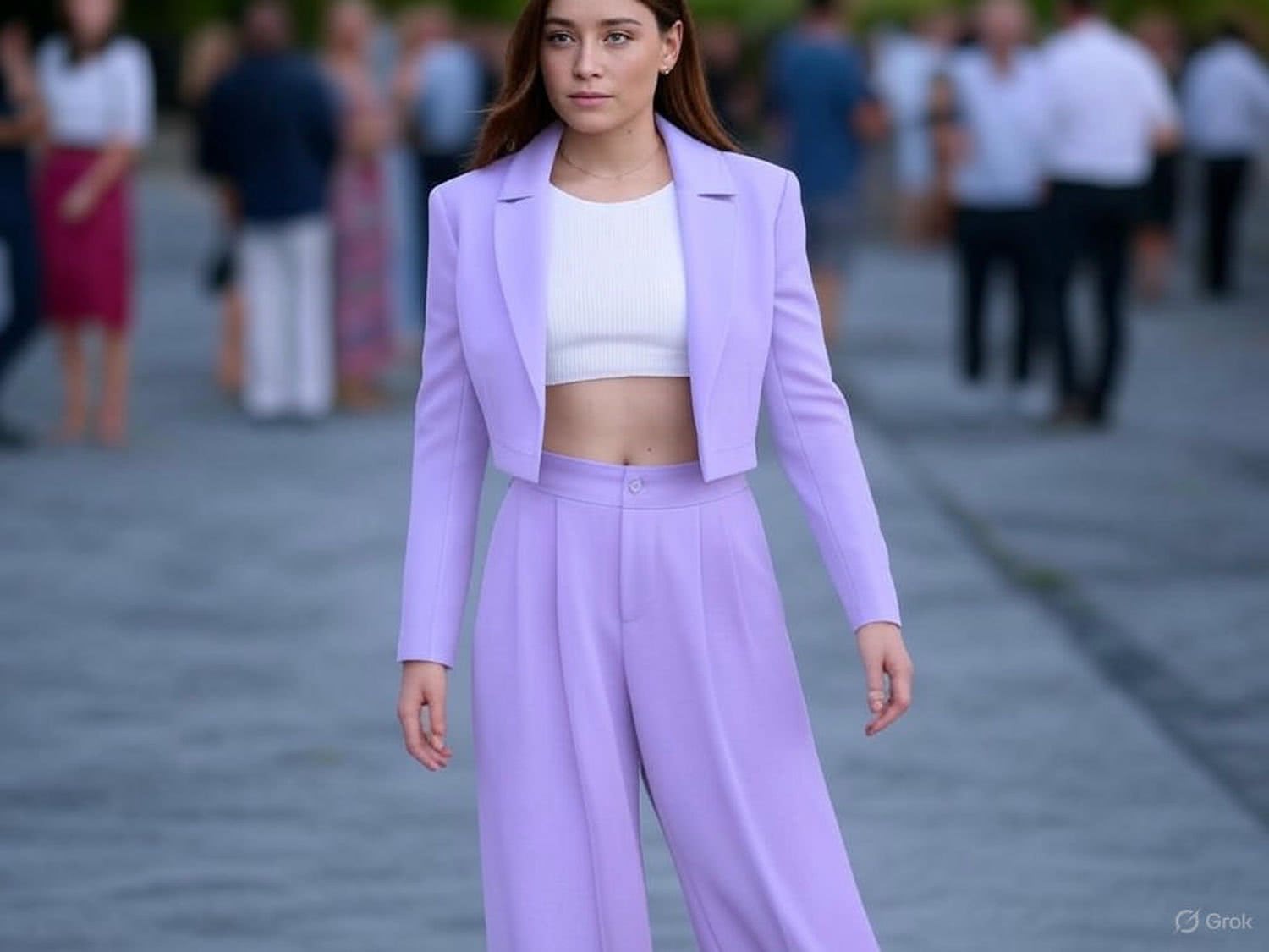 Kobieta w Pastelowym Fiolecie: Letnia Elegancja Pełna Uroku