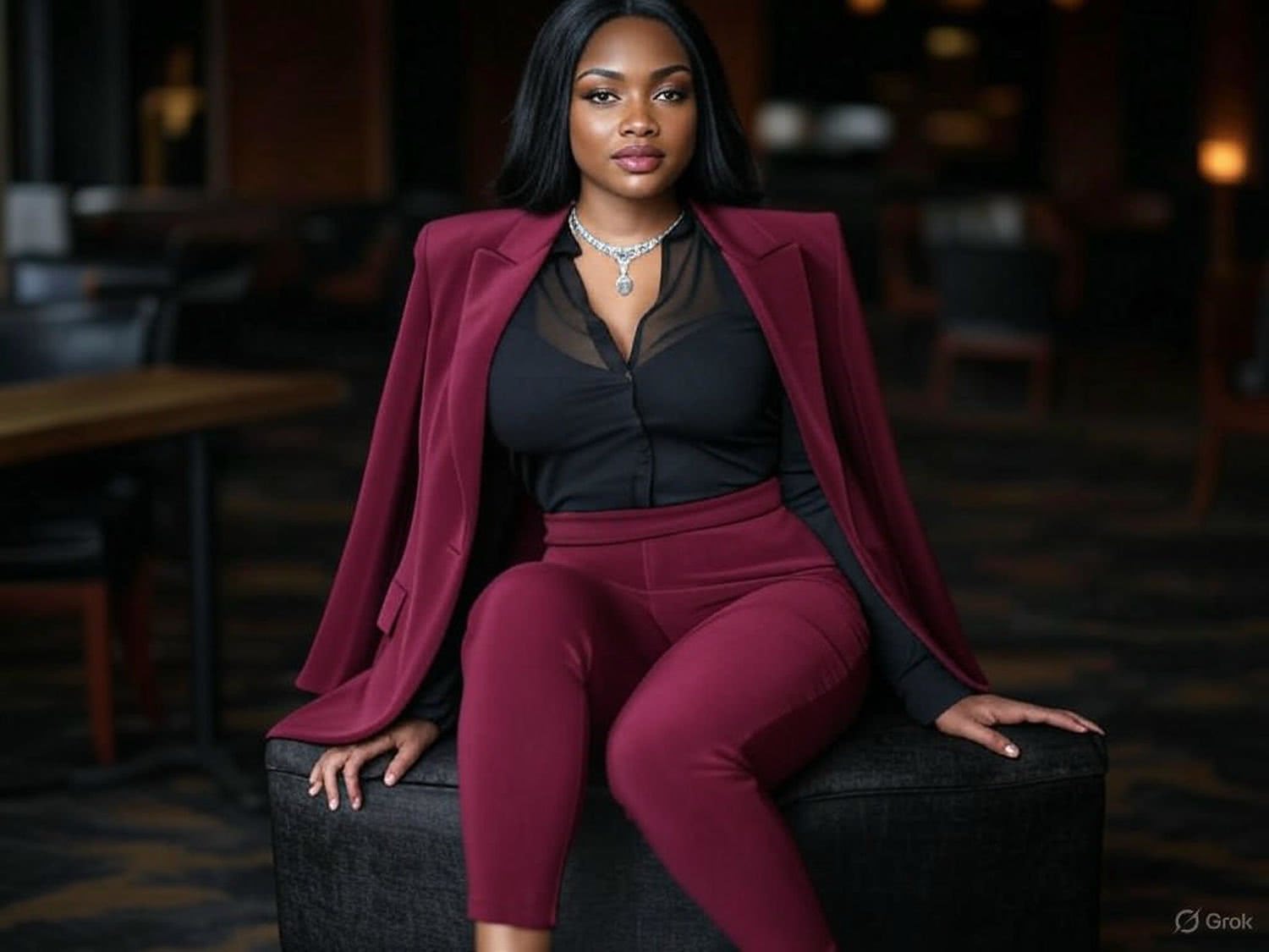 Zmysłowa elegancja: Garnitur w bordo dla kobiety o ciemnej karnacji