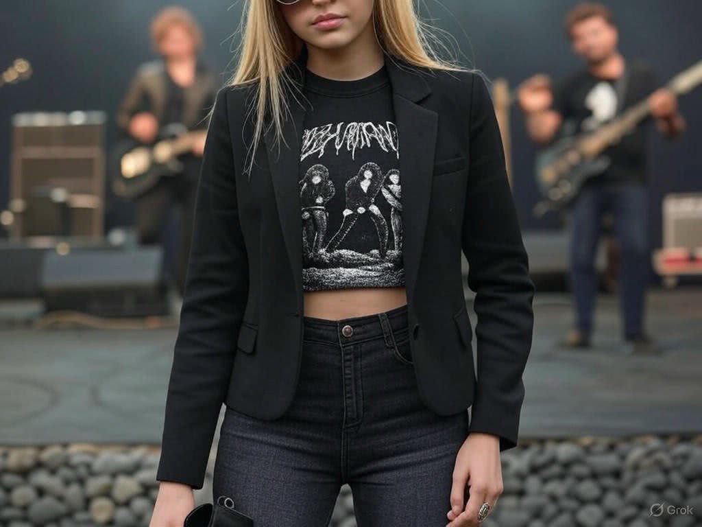 Czarna marynarka z wąską marynarką na koncert rockowy – letni wieczór z nutą nonszalancji