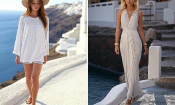 Grecja i Santorini – Styl na klify i kolacja z widokiem: Za dnia biała tunika, szorty i sandały na zwiedzanie, wieczorem długa sukienka w greckim stylu i złote dodatki na wieczór