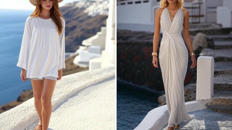 Grecja i Santorini – Styl na klify i kolacja z widokiem: Za dnia biała tunika, szorty i sandały na zwiedzanie, wieczorem długa sukienka w greckim stylu i złote dodatki na wieczór