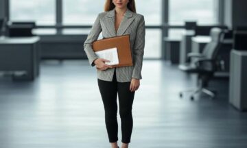 Marynarka w prążki i cygaretki – Biurowy szyk na luzie. Szaro-biała marynarka i czarne spodnie – loafersy dla komfortu, obcasy dla pewności siebie. Idealna dla sylwetki klepsydry