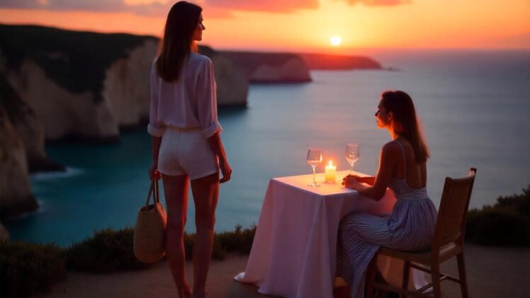 Portugalia i Algarve – Klify za dnia i kolacja w Lagos. Dzień – biała koszula, szorty i słomkowa torba na słońce. Wieczorem – długa sukienka w paski i szpilki na kolację nad oceanem