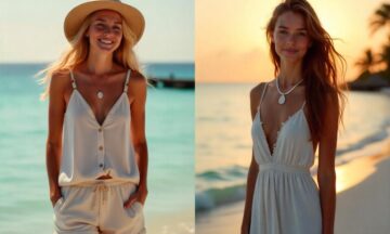 Malediwy w porze wietrznej – Styl na wyspy i wieczór w resorcie: Przewiewna tunika, szorty i kapelusz na dzień oraz jedwabna sukienka slip dress z biżuterią z muszli na kolację nad laguną