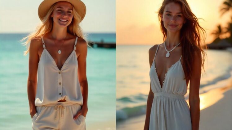 Malediwy w porze wietrznej – Styl na wyspy i wieczór w resorcie: Przewiewna tunika, szorty i kapelusz na dzień oraz jedwabna sukienka slip dress z biżuterią z muszli na kolację nad laguną