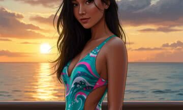 Jednoczęściowy kostium z siateczkowymi wstawkami: Zmysłowość i fantazyjne wzory na tarasie luksusowego hotelu