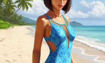 Jednoczęściowy kostium z siateczką: Zmysłowość i błękitne fale na tropikalnej plaży