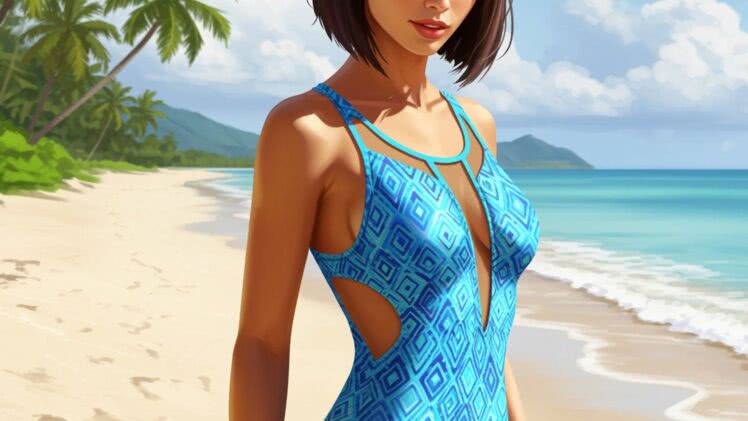 Jednoczęściowy kostium z siateczką: Zmysłowość i błękitne fale na tropikalnej plaży