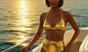 Metaliczny Złoty Blask: Dwuczęściowe Bikini z Wysokim Stanem na Luksusowym Jachcie
