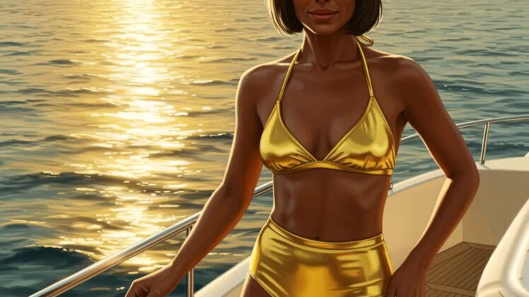 Metaliczny Złoty Blask: Dwuczęściowe Bikini z Wysokim Stanem na Luksusowym Jachcie