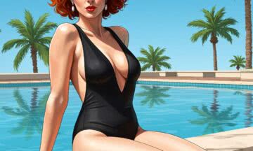 Jednoczęściowy kostium z głębokim dekoltem: Jak matowa czerń i błyszczące akcenty dodają pewności siebie na luksusowym basenie