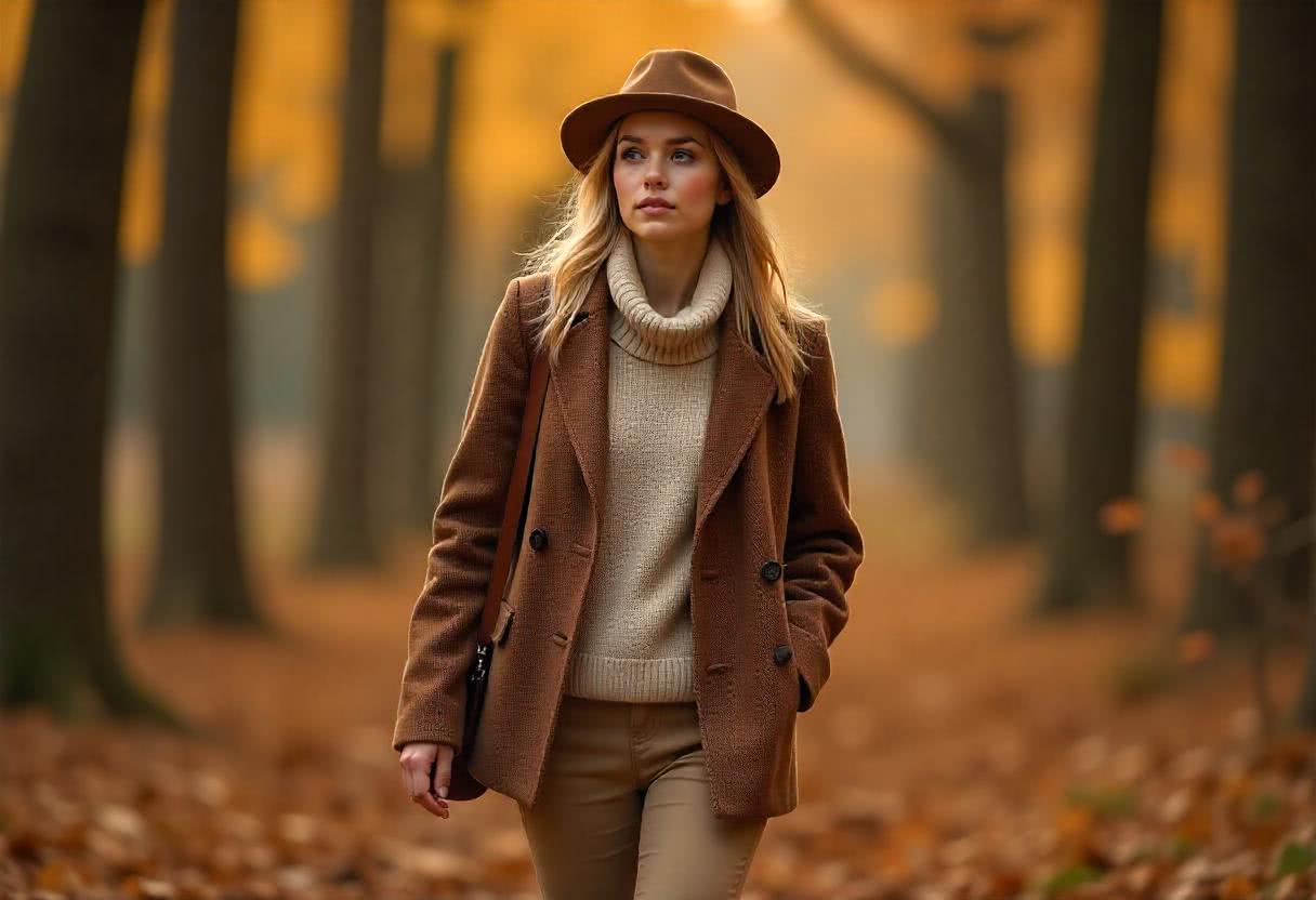 Brązowa marynarka z tweedu, zestawiona z kremowym swetrem i chinosami na spacer w lesie w chłodniejszy dzień z klasą