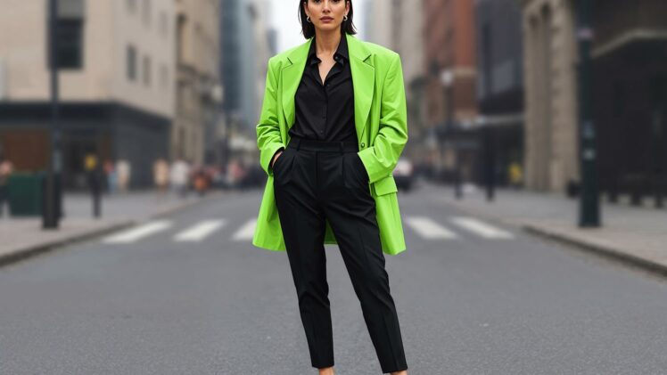Neonowa marynarka w czarnym total looku – energetyczny twist na codzienne stylizacje