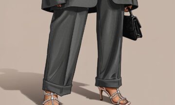 Gra kontrastów w modzie – szary wełniany garnitur spotyka biżuteryjne sandałki