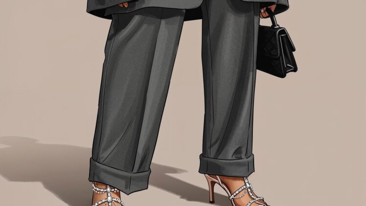 Gra kontrastów w modzie – szary wełniany garnitur spotyka biżuteryjne sandałki