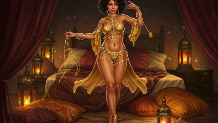Fantazja Orientalna: Marokańska Tancerka w Złotym Błysku Sypialni