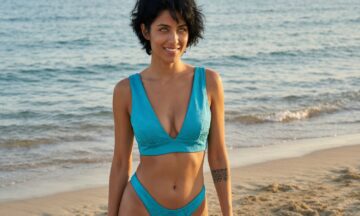 Turkusowe plunge bikini z żakardu – śródziemnomorski powiew luksusu dla dojrzałej kobiety