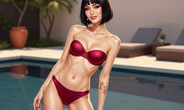 Karminowa Elegancja na Basenie: Bikini, Które Odkrywa Zmysłowy Kontrast Porcelanowej Cery