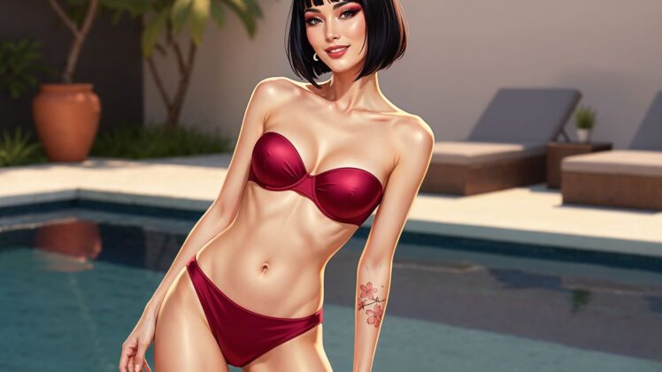 Karminowa Elegancja na Basenie: Bikini, Które Odkrywa Zmysłowy Kontrast Porcelanowej Cery